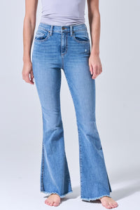 HIGH RISE FLARE WITH MINI FRINGE IN MEDIUM WASH