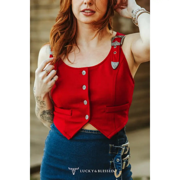 Red Suede Buckle Strap Button Down Vest