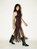 High Neck Fringe Dress with Western Buckle Belt