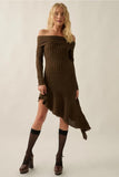 Boucle Ribbed Knit Off-Shoulder Asymmetrical Mini Dress