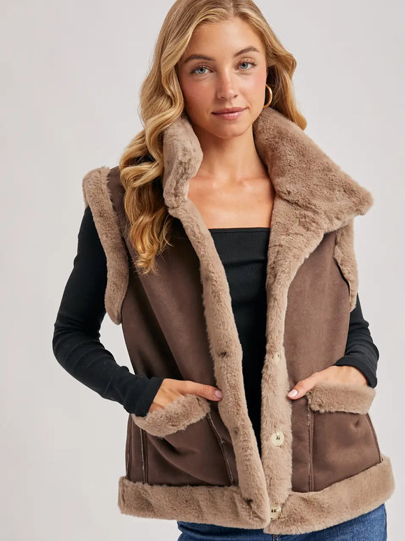 Faux Suede with Faux Shearling Lining Trim Vest