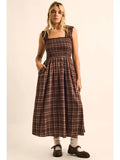Plaid Smocked Square-Neck Fit-And-Flare Midi Dress