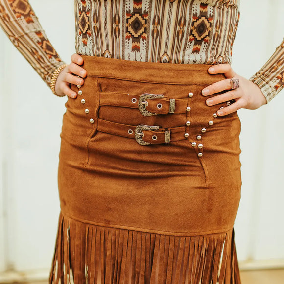 Brown Suede Fringe Hem Vintage Silver Studded Buckle Skirt