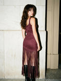 Vegan Suede Asymmetrical Fringe Midi Dress