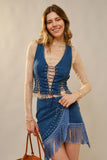 Metal Eyelet Lace Up Fitted Denim Vest - Wild Skyes