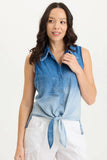 TAGUE INDIGO TWILL KNOTTED HIGH-LOW SNAP-UP TANK