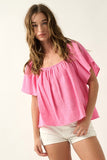 Solid Square Neck Short Puff Sleeve Top - Wild Skyes