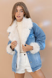 Fur Collard Cuff Over sized Washed Denim Jacket - Wild Skyes