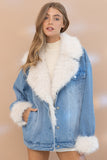 Fur Collard Cuff Over sized Washed Denim Jacket - Wild Skyes