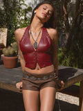 Linnea Faux Leather Halter Bustier Whip Stitch V Neck Top - Wild Skyes