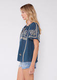 Embroidered Raglan Short Sleeve Split Neck Top