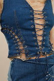 Metal Eyelet Lace Up Fitted Denim Vest - Wild Skyes