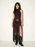 High Neck Fringe Dress with Western Buckle Belt
