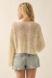 Geometric Open-Knit Bell-Sleeve Cropped Sweater