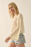 Geometric Open-Knit Bell-Sleeve Cropped Sweater