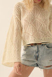 Geometric Open-Knit Bell-Sleeve Cropped Sweater