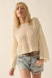 Geometric Open-Knit Bell-Sleeve Cropped Sweater