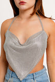 COWL NECK RHINESTONE CROP TOP WITH SATIN LINING