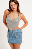 COWL NECK RHINESTONE CROP TOP WITH SATIN LINING