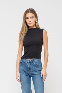 MOCK NECK SLEEVELESS CROPPED KNIT TOP