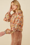 Womens Floral Fruit Print Buttoned Bubble Hem Top