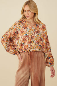 Womens Floral Fruit Print Buttoned Bubble Hem Top