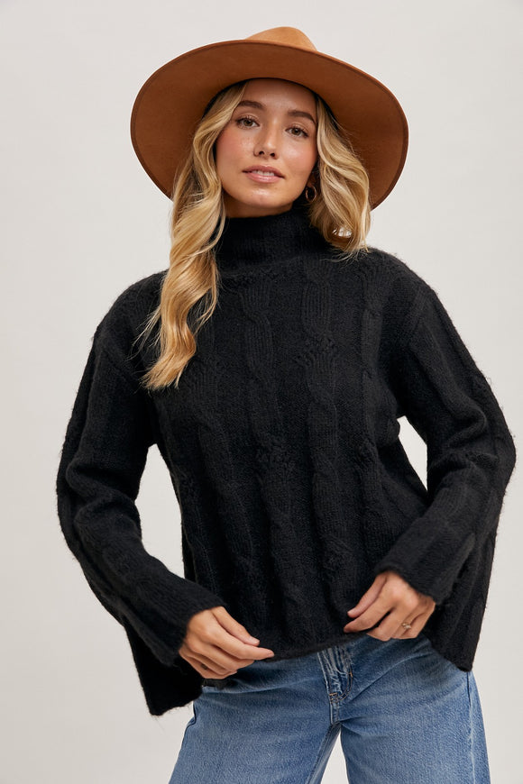 MOCK NECK SIDE SLIT SLEEVED CABLE KNIT SWEATER