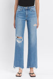 High Rise Medium Wash Distressed Slim Wide Jeans