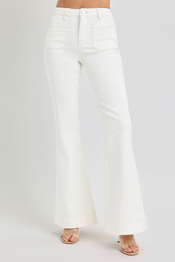 HIGH RISE CREAM FLARE PATCH POCKET PANTS