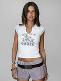 Horsey Notched Neck Ribbed Graphic Western Short Sleeve Top - Wild Skyes