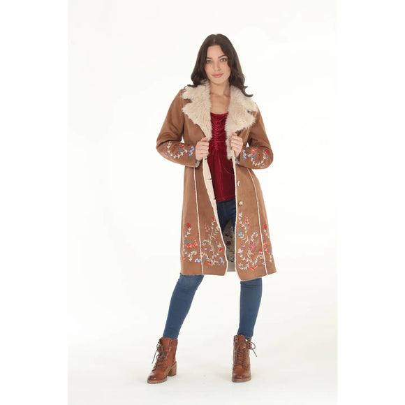 Faux Suede & Shearling Embroidered Coat