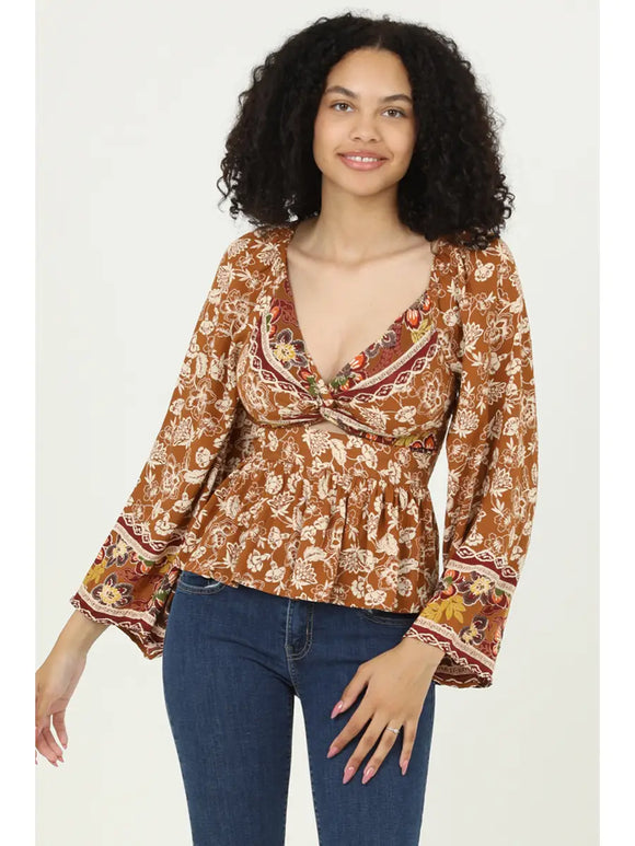 V Neck Twist Front Cut Out Bell Sleeve Top