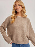 Boat Neck Rolled Trim Soft Heathered Knit Pullover