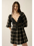 Plaid and Lace Fit-And-Flare Puff-Sleeve Mini Dress