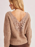 Crochet Lace Back V-Neck Knit Sweater Pullover