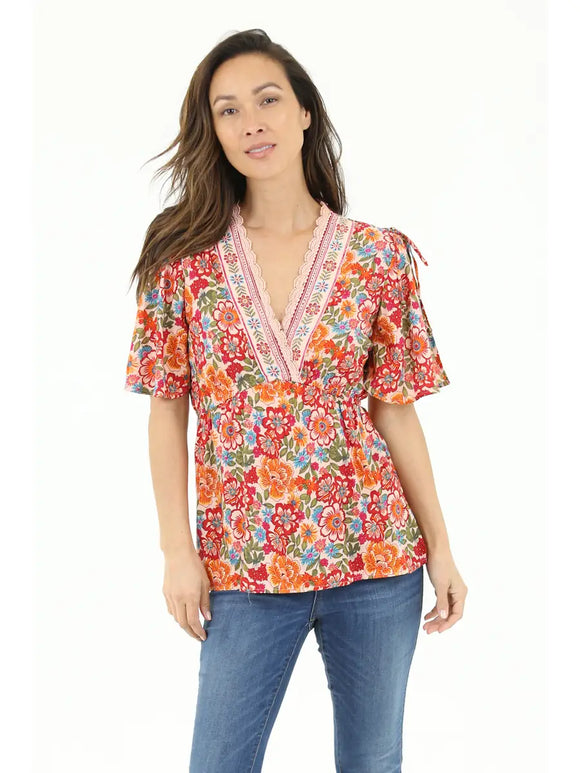 V Neck Slit Sleeve Blouse with Lace Trim