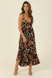 V Neck Tie Front Ruffle Slits Maxi Dress