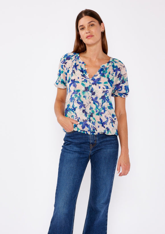 Textured Floral Puff Sleeve Button Front Top