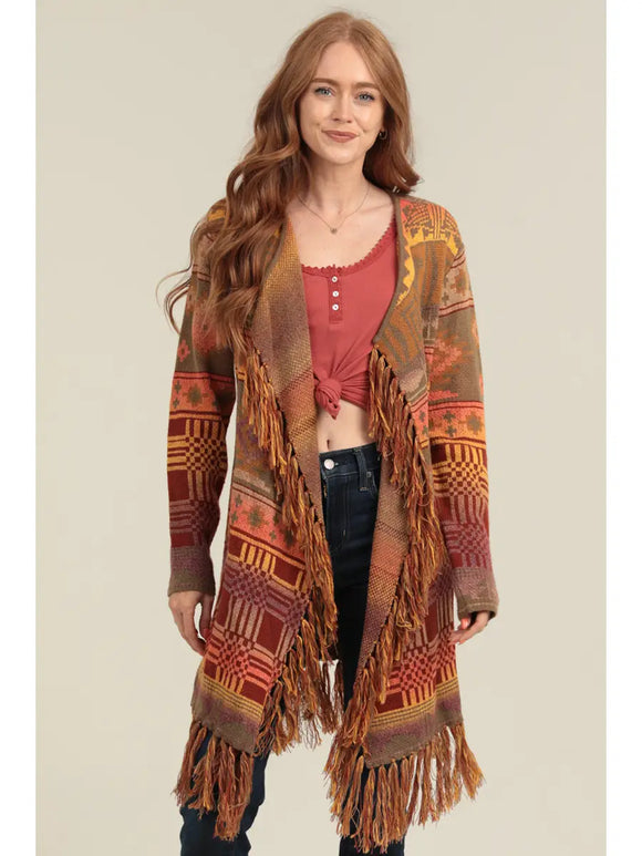 Aztec Design Cascade Fringe Cardigan Sweater