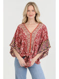 V Neck Tie Waist Kimono Sleeve Printed Top