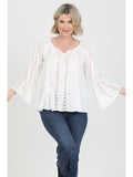 Swiss Dot Lace Inserts Flare Bell Sleeve Blouse