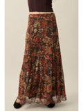 Floral-Print Mesh Godet-Pleat Elastic-Waist Maxi Skirt