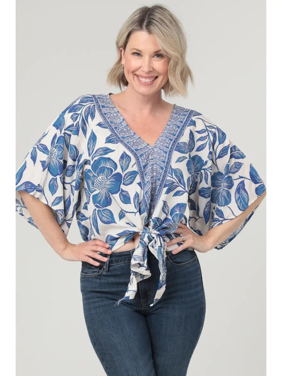 V Neck Tie Waist Kimono Sleeve Blouse