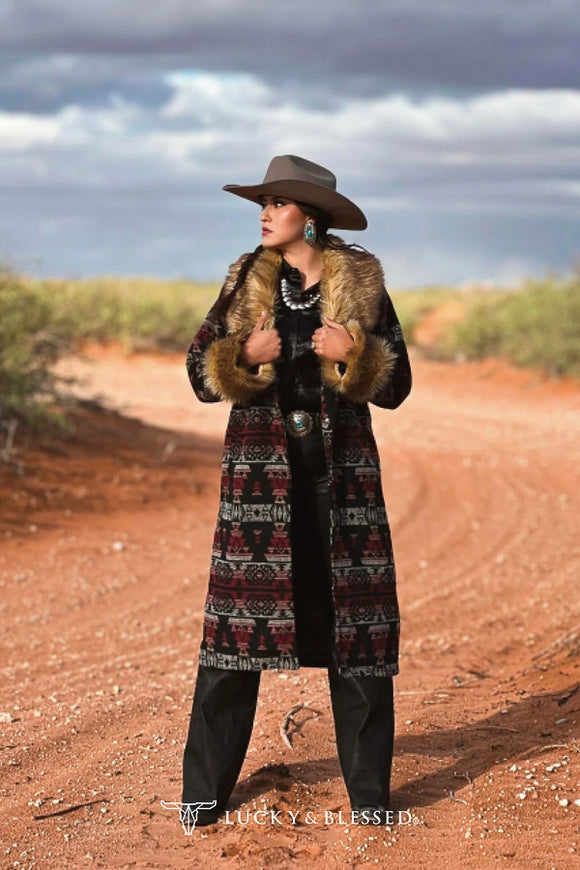 Burgundy Aztec W Fur Collar Hem Long Coat