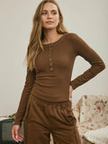 Fitted Long Sleeve Ribbed Henley Knit Top