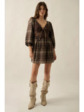 Plaid and Lace Fit-And-Flare Puff-Sleeve Mini Dress