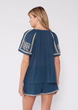 Embroidered Raglan Short Sleeve Split Neck Top