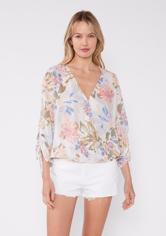 Floral Ruched Sleeve Surplice Blouse