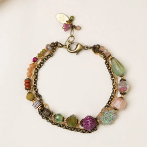 Wildflower 7.5-8.5" Czech Glass Holographic Flower, Peach Moonstone Multistrand Bracelet