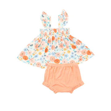 RUFFLE STRAP SMOCKED TOP AND DIAPER COVER - FLOWER CART
